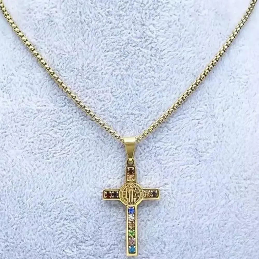 Stainless Cross Necklace Catholic Christian Multicolor Rhinestones Gold Gift NEW